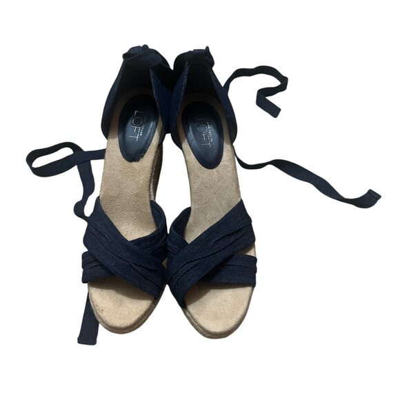 Ann Taylor Loft Navy Blue Fabric Upper Espadrille Wedge Sandals With Wraparound - Picture 1 of 6